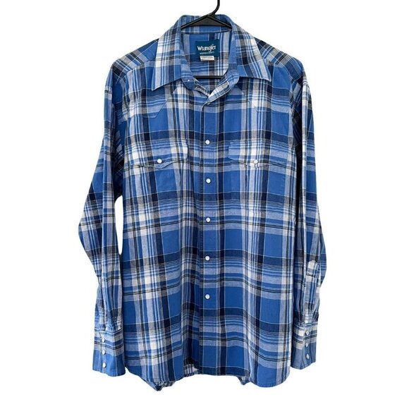 Wrangler Other - Wrangler Western Shirts Men's Sz L Blue White Plaid Pearl Snap Long Sleeve Shirt